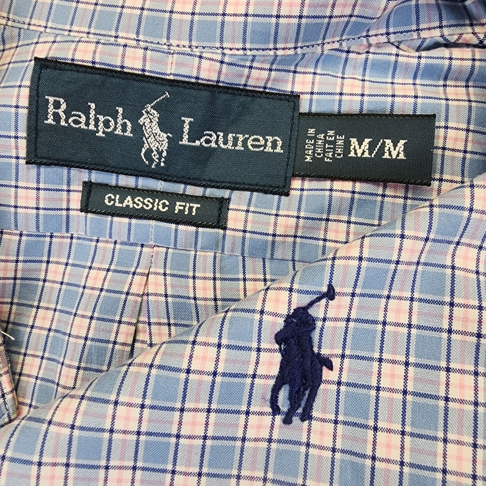 Ralph‎ Lauren Mens M Plaid Blue Pink Classic Fit Long Sleeve Button Front Shirt